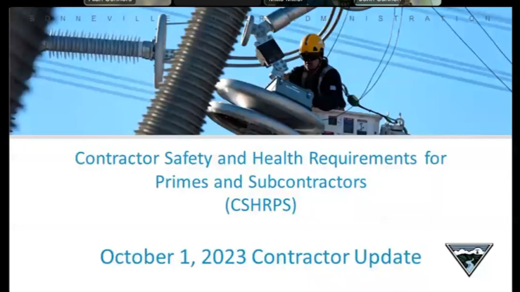 first page of slide show on contractor safety and health requirements, featuring a title and Oct .1, 2023 update